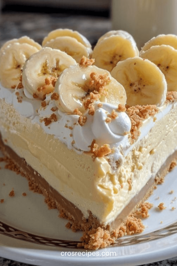 Cheesecake à la banane sans cuisson avec chantilly onctueuse, rondelles de banane fraîches et base biscuitée dorée et croustillante.