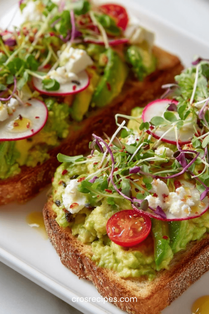 Tartines avocado toast garnies de feta émiettée, radis tranchés et tomates cerises sur pain grillé croustillant avec filet d’huile d’olive.