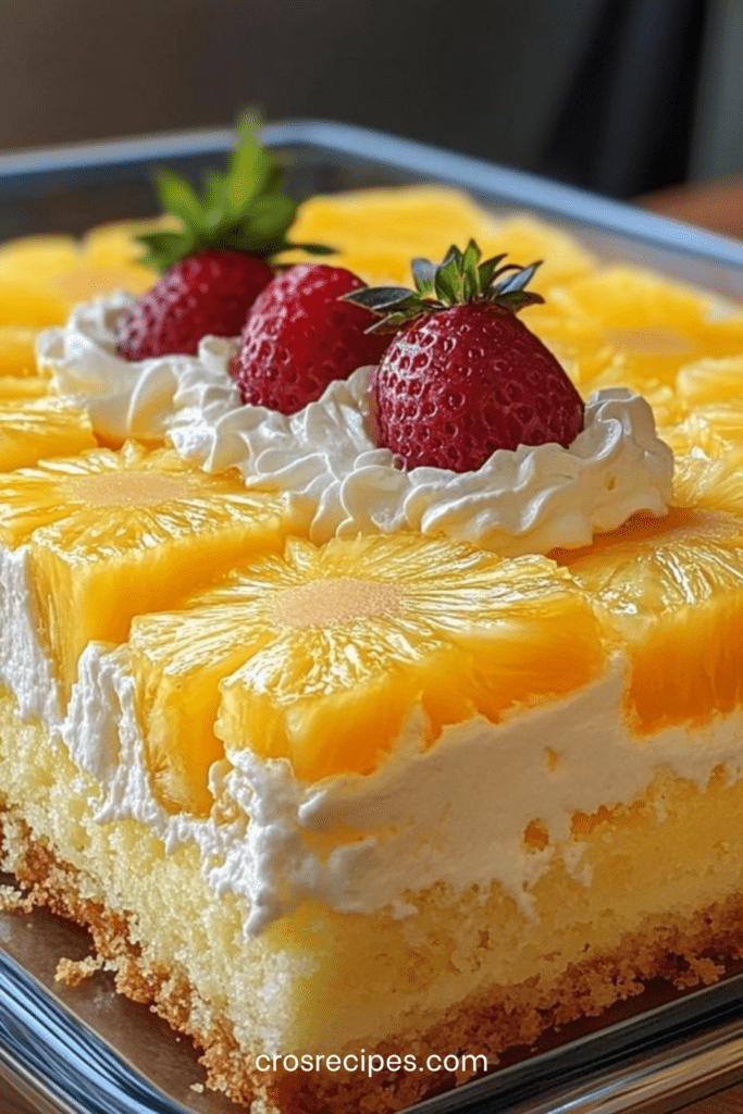 Gâteau ananas garni de chantilly légère, décoré de tranches d’ananas et de fraises fraîches sur le dessus.