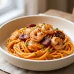 Assiette de spaghetti enrobés d’une sauce crémeuse au poivron rouge, garnis de crevettes dorées, de rondelles de chorizo et de persil frais, servis bien chauds.
