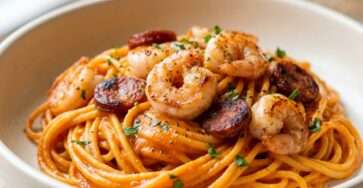 Assiette de spaghetti enrobés d’une sauce crémeuse au poivron rouge, garnis de crevettes dorées, de rondelles de chorizo et de persil frais, servis bien chauds.