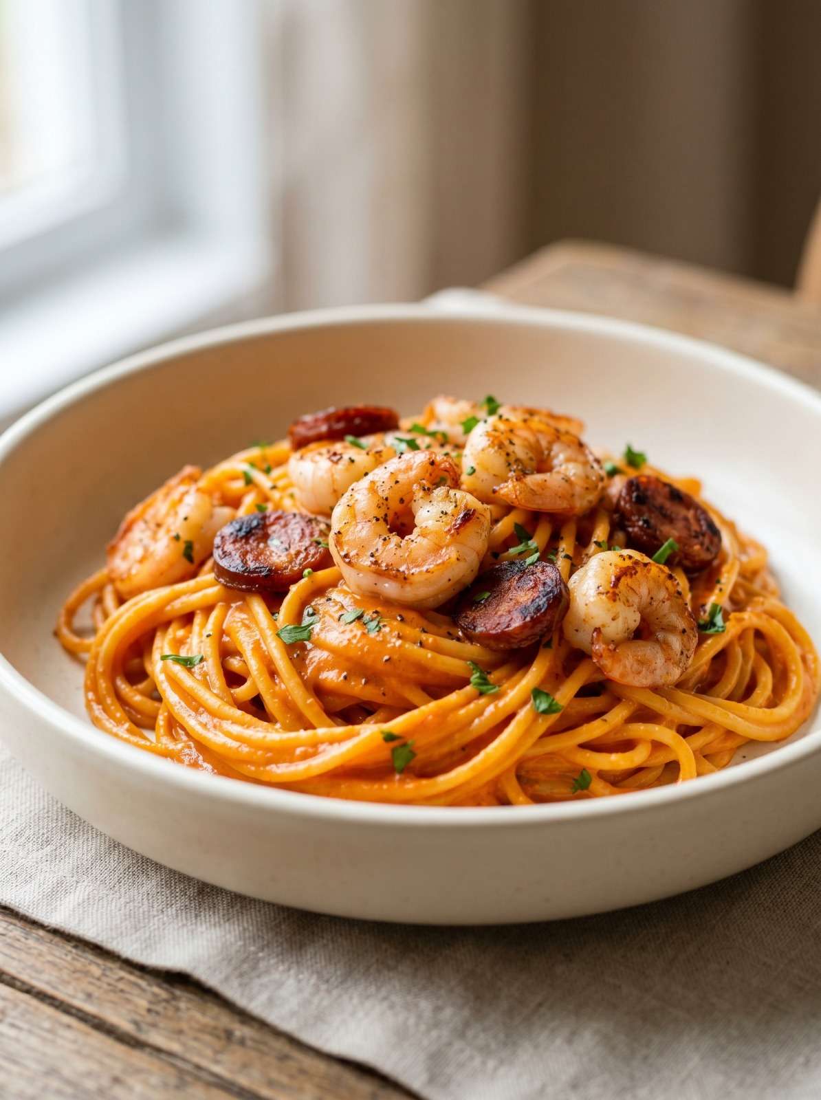 Assiette de spaghetti enrobés d’une sauce crémeuse au poivron rouge, garnis de crevettes dorées, de rondelles de chorizo et de persil frais, servis bien chauds.