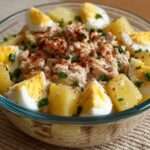 Salade de pommes de terre au thon et œufs, servie dans un grand saladier avec quartiers d’œufs, herbes fraîches et sauce crémeuse à la moutarde et au citron