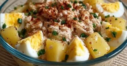 Salade de pommes de terre au thon et œufs, servie dans un grand saladier avec quartiers d’œufs, herbes fraîches et sauce crémeuse à la moutarde et au citron