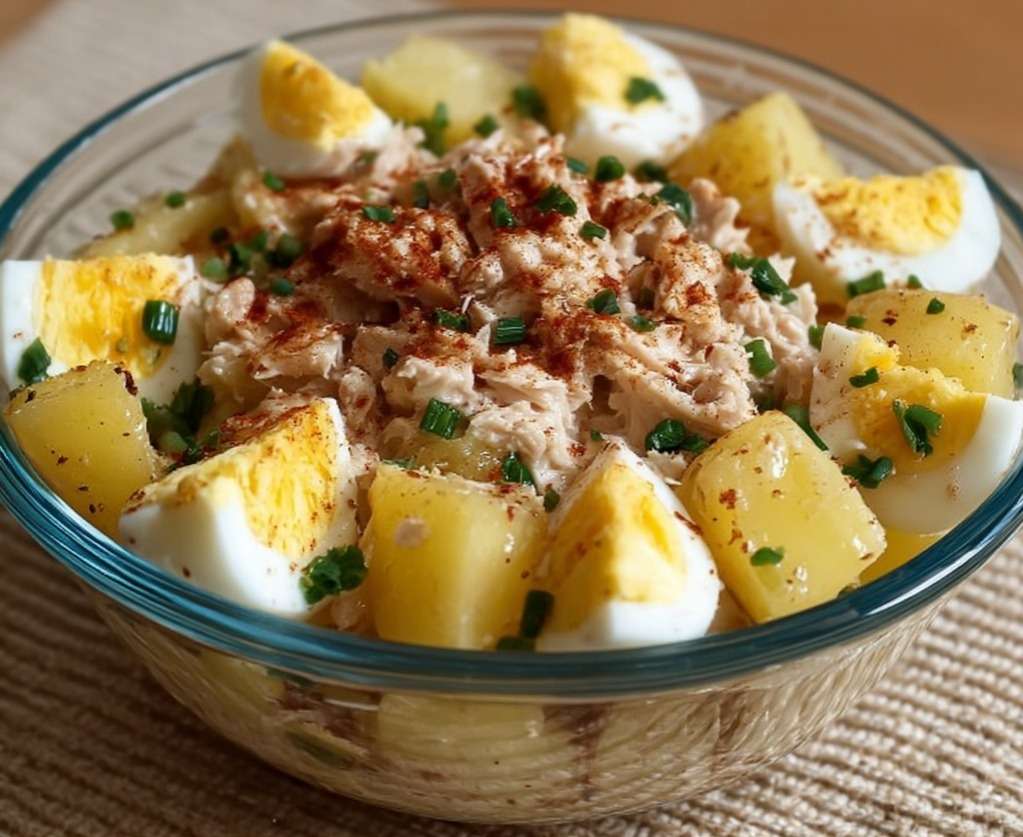 Salade de pommes de terre au thon et œufs, servie dans un grand saladier avec quartiers d’œufs, herbes fraîches et sauce crémeuse à la moutarde et au citron