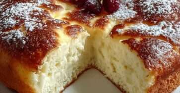 Gâteau au yaourt grec moelleux et doré, tranché sur une assiette avec une texture aérienne et fondante, légèrement saupoudré de sucre