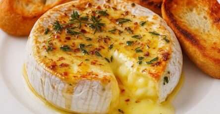 Camembert entier fondu au four avec thym et miel, servi dans sa boîte en bois avec morceaux de pain grillé pour tremper
