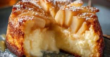 Gâteau fondant pommes et mascarpone, tranché avec une texture moelleuse et des lamelles de pommes visibles, servi sur une assiette dessert