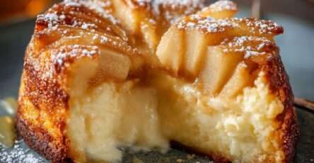 Gâteau fondant pommes et mascarpone, tranché avec une texture moelleuse et des lamelles de pommes visibles, servi sur une assiette dessert