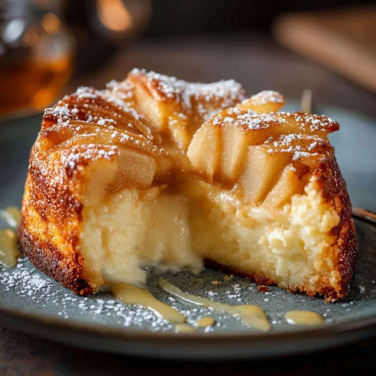 Gâteau fondant pommes et mascarpone, tranché avec une texture moelleuse et des lamelles de pommes visibles, servi sur une assiette dessert