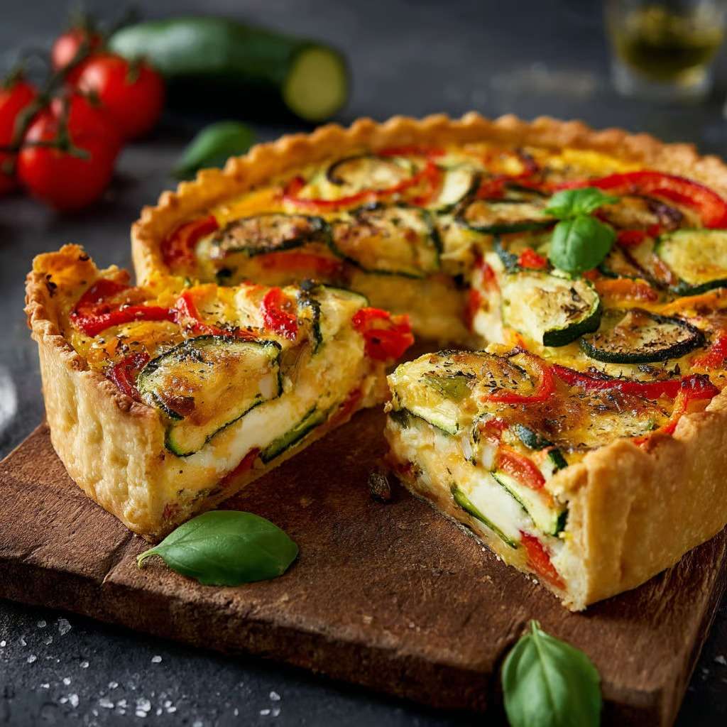Tarte aux légumes courgettes et poivrons dorée au four, avec une garniture colorée et une pâte croustillante, servie en parts