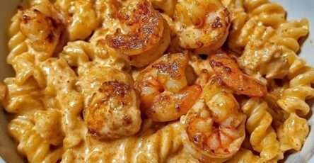 Assiette de pâtes crémeuses aux crevettes et au poulet, nappées d’une sauce épicée onctueuse, servies bien chaudes avec fromage fondu et assaisonnement doré.