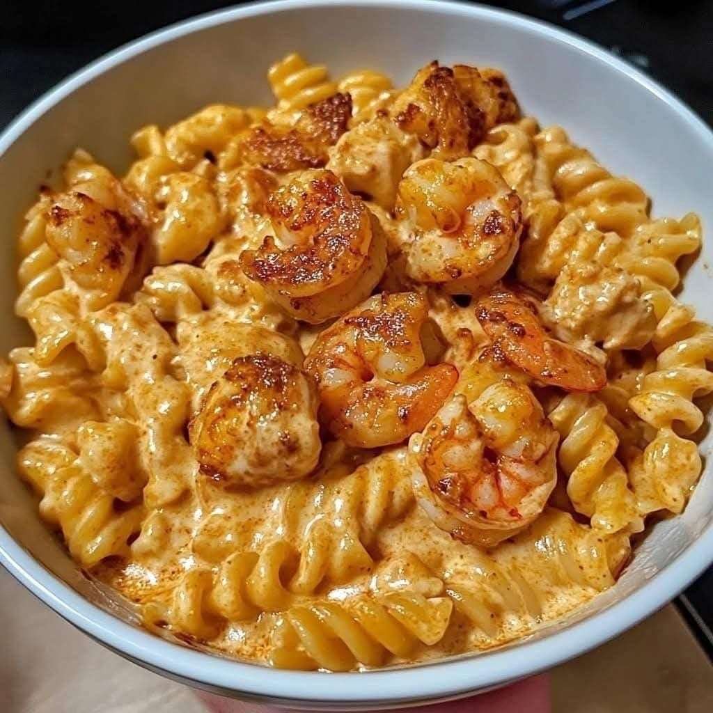 Assiette de pâtes crémeuses aux crevettes et au poulet, nappées d’une sauce épicée onctueuse, servies bien chaudes avec fromage fondu et assaisonnement doré.