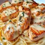 Assiette de pâtes crémeuses au saumon grillé nappées d’une sauce fromagère onctueuse, garnies de persil frais et servies bien chaudes.