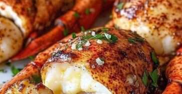 Assiette de queues de langouste et noix de Saint-Jacques dorées nappées de beurre citronné, garnies de persil frais et servies élégamment.