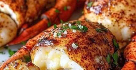 Assiette de queues de langouste et noix de Saint-Jacques dorées nappées de beurre citronné, garnies de persil frais et servies élégamment.