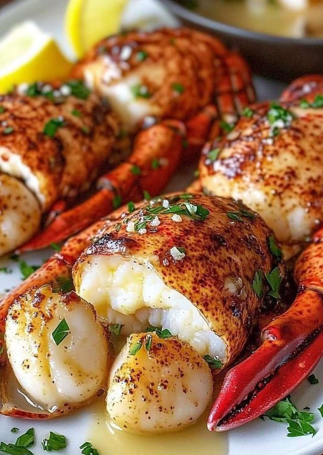 Assiette de queues de langouste et noix de Saint-Jacques dorées nappées de beurre citronné, garnies de persil frais et servies élégamment.