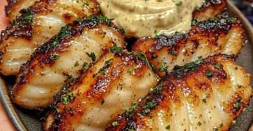 Bouchées de poisson blanc dorées nappées de beurre citronné, servies avec sauce aïoli crémeuse à l’ail et persil frais.