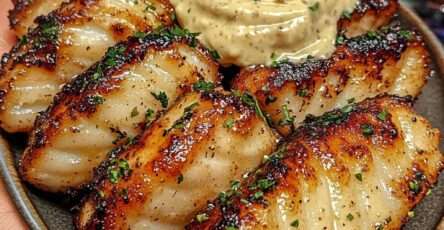 Bouchées de poisson blanc dorées nappées de beurre citronné, servies avec sauce aïoli crémeuse à l’ail et persil frais.