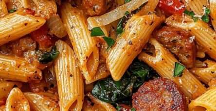 Assiette de pâtes crémeuses cajun à la saucisse fumée, préparées en one pot avec poivron, parmesan et persil frais, servies bien chaudes