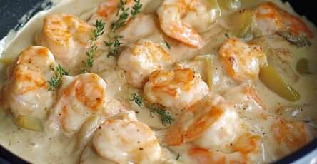 Assiette de blanquette de Saint-Jacques et crevettes dans une sauce crémeuse légère, servie chaude avec herbes fraîches et accompagnement raffiné