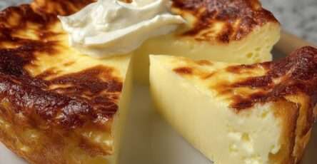 Gâteau au fromage ultra fondant doré, texture crémeuse entre flan et cheesecake, servi en part avec surface légèrement caramélisée