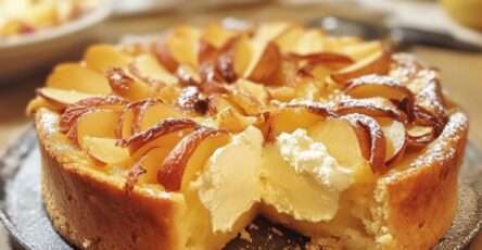 Fondant aux pommes et mascarpone moelleux avec lamelles de pommes dorées, texture fondante et saupoudré de sucre glace