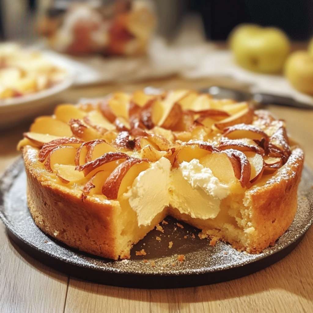 Fondant aux pommes et mascarpone moelleux avec lamelles de pommes dorées, texture fondante et saupoudré de sucre glace