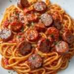 Assiette de spaghetti aux saucisses dorées nappées d’une sauce tomate crémeuse, garnies de parmesan râpé et de persil frais.