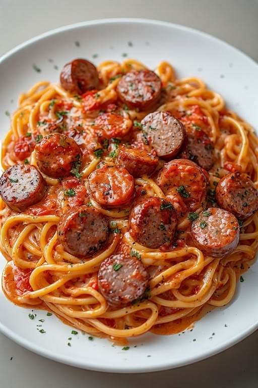 Assiette de spaghetti aux saucisses dorées nappées d’une sauce tomate crémeuse, garnies de parmesan râpé et de persil frais.