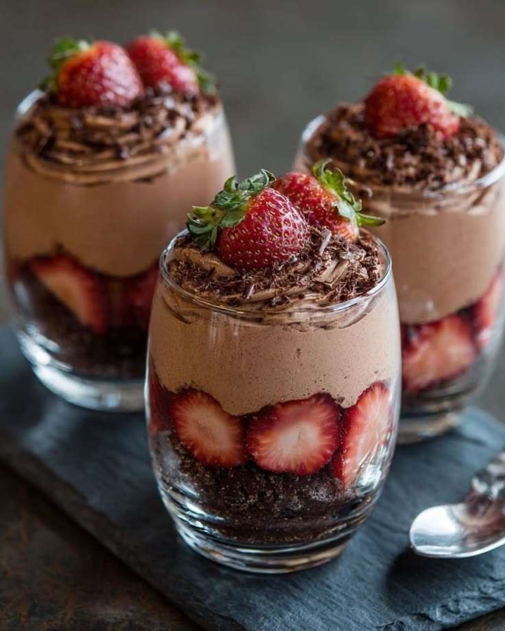 Verrines de mousse au chocolat garnies de fraises fraîches et base biscuitée croquante, décorées de copeaux de chocolat.