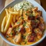 Bouchées de poulet dorées au beurre avec sauce crémeuse nappée et frites croustillantes dorées servies chaudes