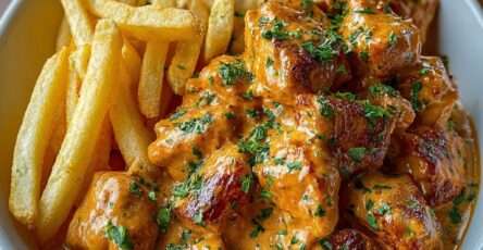 Bouchées de poulet dorées au beurre avec sauce crémeuse nappée et frites croustillantes dorées servies chaudes