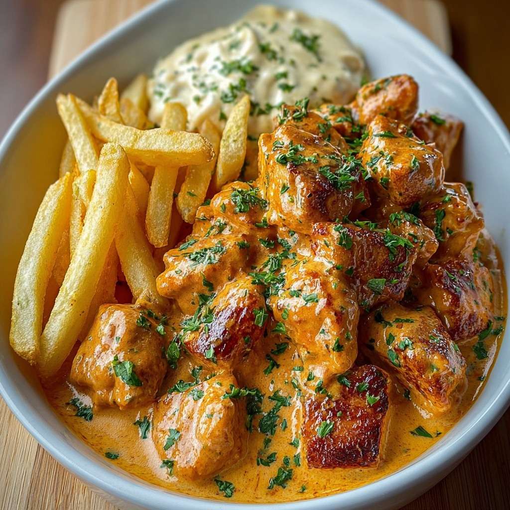 Bouchées de poulet dorées au beurre avec sauce crémeuse nappée et frites croustillantes dorées servies chaudes