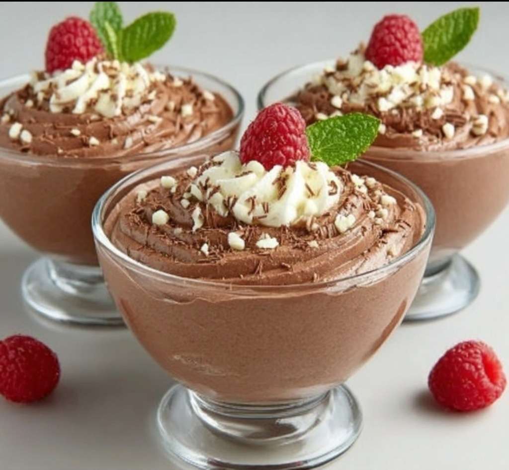 Verrines de mousse mascarpone au chocolat onctueuse avec copeaux de chocolat et framboises fraîches sur le dessus