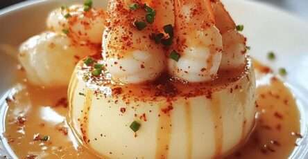 Panna cotta salée au homard et crevettes en verrine, texture crémeuse avec garniture de fruits de mer et herbes fraîches