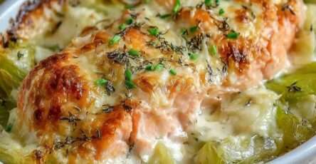 Cassolette de saumon et poireaux gratinés servie chaude, avec saumon fondant, poireaux crémeux et croûte dorée au fromage sortie du four.