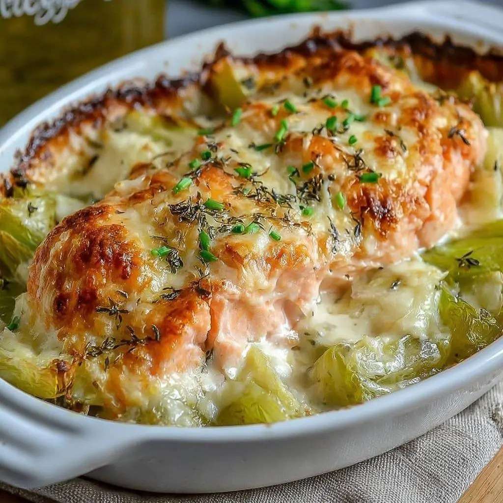 Cassolette de saumon et poireaux gratinés servie chaude, avec saumon fondant, poireaux crémeux et croûte dorée au fromage sortie du four.