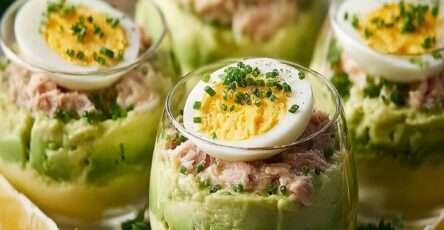 Verrines avocat thon et œufs mimosa dressées en couches, avec avocat crémeux, thon assaisonné et demi-œuf mimosa décoré de ciboulette.