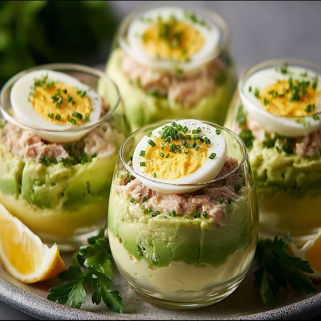Verrines avocat thon et œufs mimosa dressées en couches, avec avocat crémeux, thon assaisonné et demi-œuf mimosa décoré de ciboulette.