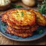 Galettes de pommes de terre dorées et croustillantes à la poêle, avec intérieur fondant et texture rustique servies chaudes.