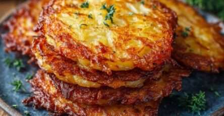 Galettes de pommes de terre dorées et croustillantes à la poêle, avec intérieur fondant et texture rustique servies chaudes.