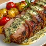 Filet mignon de porc rôti tranché, nappé d’une sauce crémeuse à la moutarde et aux herbes, servi chaud avec une belle coloration dorée.