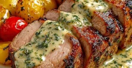 Filet mignon de porc rôti tranché, nappé d’une sauce crémeuse à la moutarde et aux herbes, servi chaud avec une belle coloration dorée.