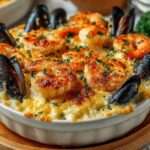 Cassolettes de fruits de mer gratinées au four, avec crevettes, moules et Saint-Jacques nappées de sauce crémeuse et croûte dorée.