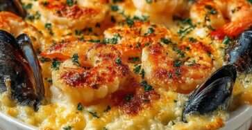 Cassolettes de fruits de mer gratinées au four, avec crevettes, moules et Saint-Jacques nappées de sauce crémeuse et croûte dorée.