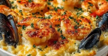 Cassolettes de fruits de mer gratinées au four, avec crevettes, moules et Saint-Jacques nappées de sauce crémeuse et croûte dorée.