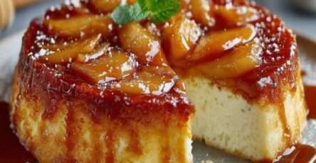 Flan aux pommes et yaourt démoulé avec pommes caramélisées sur le dessus, texture fondante et dorée, servi en parts.