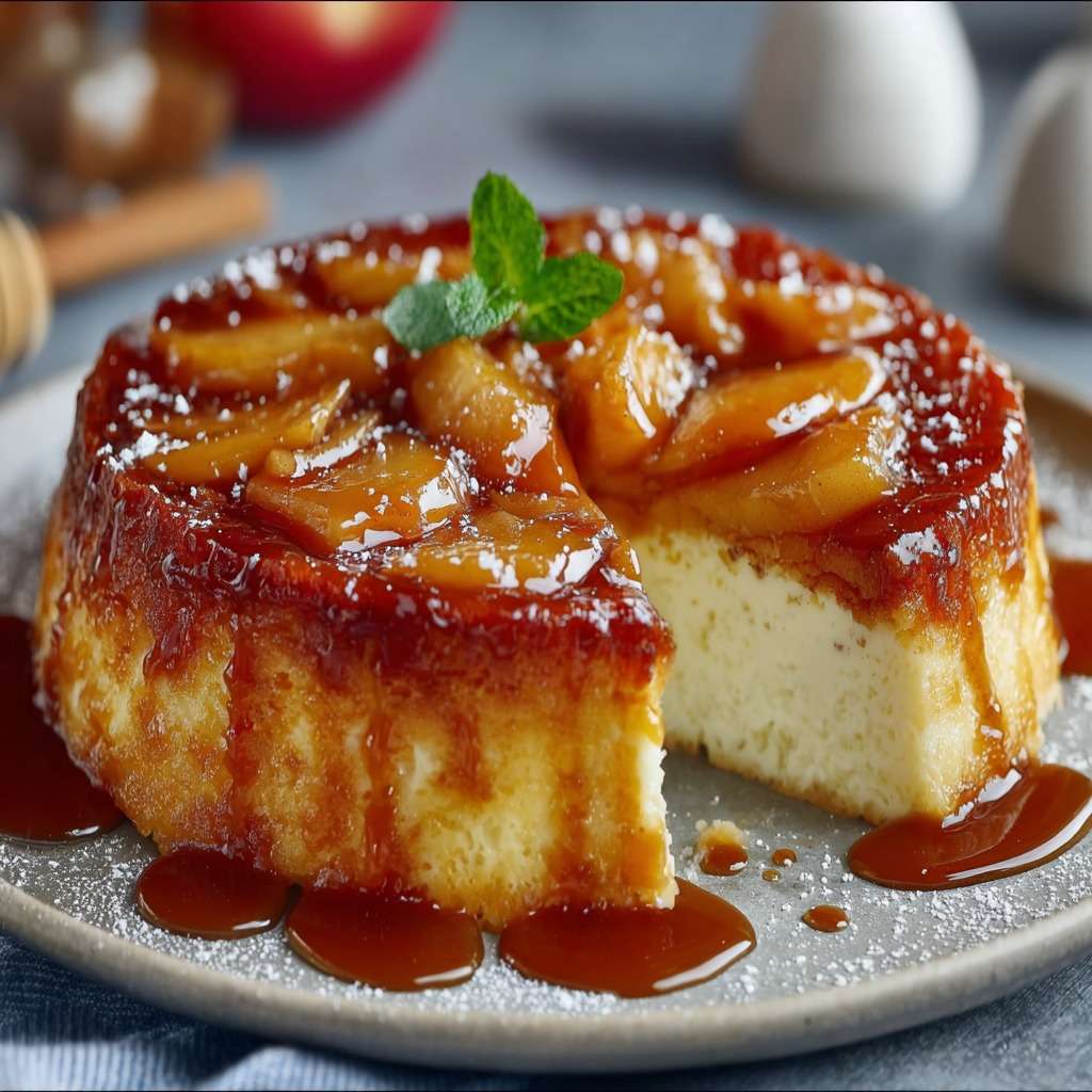 Flan aux pommes et yaourt démoulé avec pommes caramélisées sur le dessus, texture fondante et dorée, servi en parts.