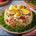 Salade russe crémeuse avec pommes de terre en dés, thon émietté, œufs en quartiers, petits pois et carottes, décorée d’herbes fraîches.